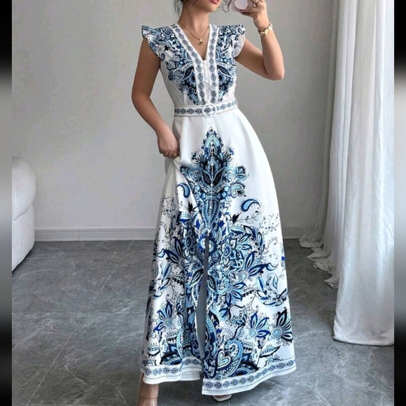 Long Retro V-Neck Open Front Short Cap Sleeve Lightweight Summer Dress - Picture 2 of 4